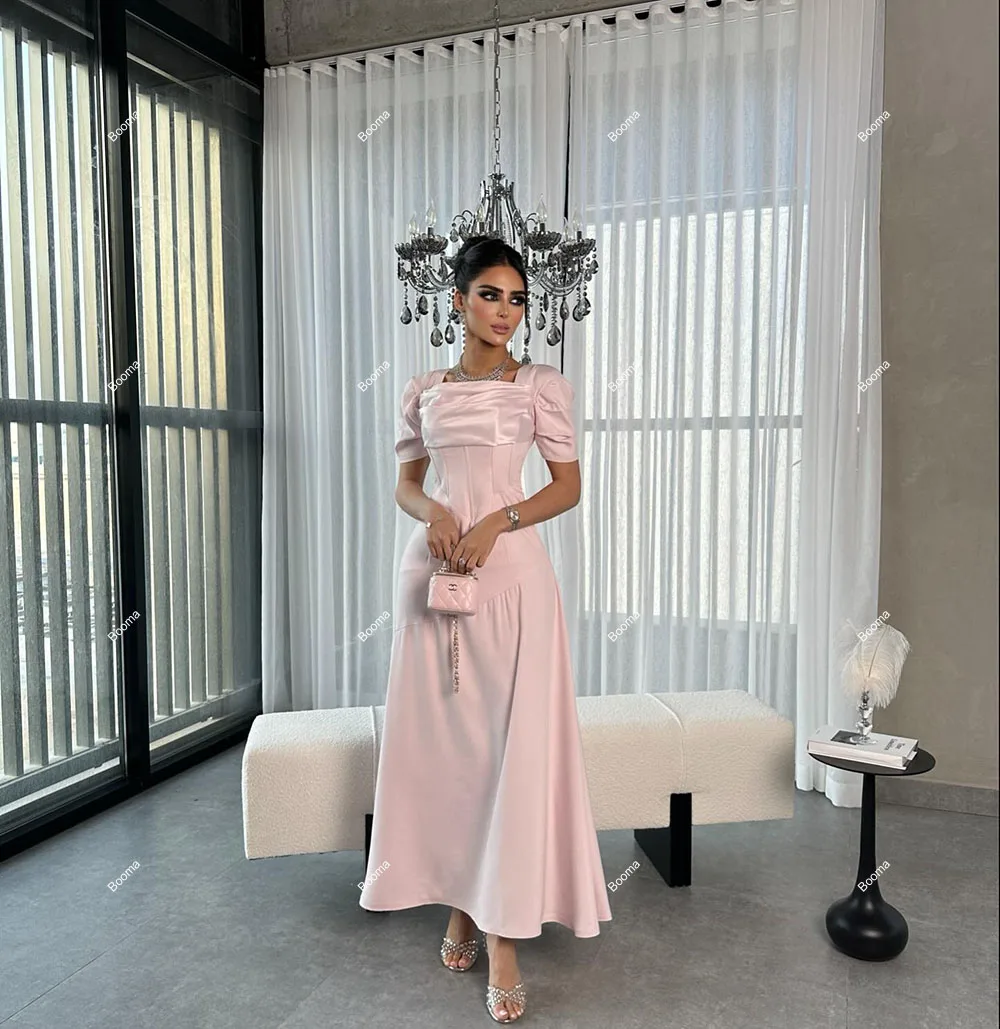 Booma Pink Mermaid Evening Dresses Short Sleeves Formal Party Gowns for Women Ankle Length Saudi Arabic Prom Dresses