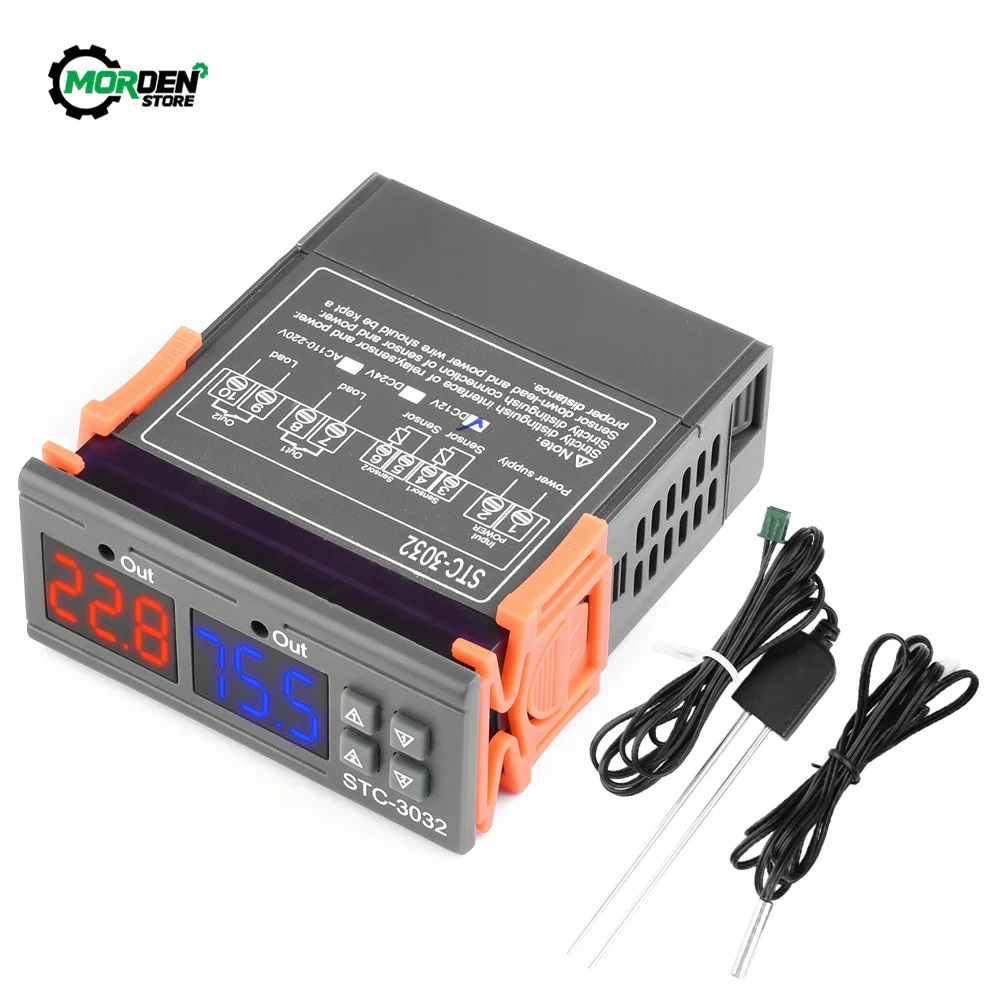 Dual Digital STC-3032 Temperature Controller Hygrometer Relay Output Thermostat Heater with Probe 12V 24V 220V