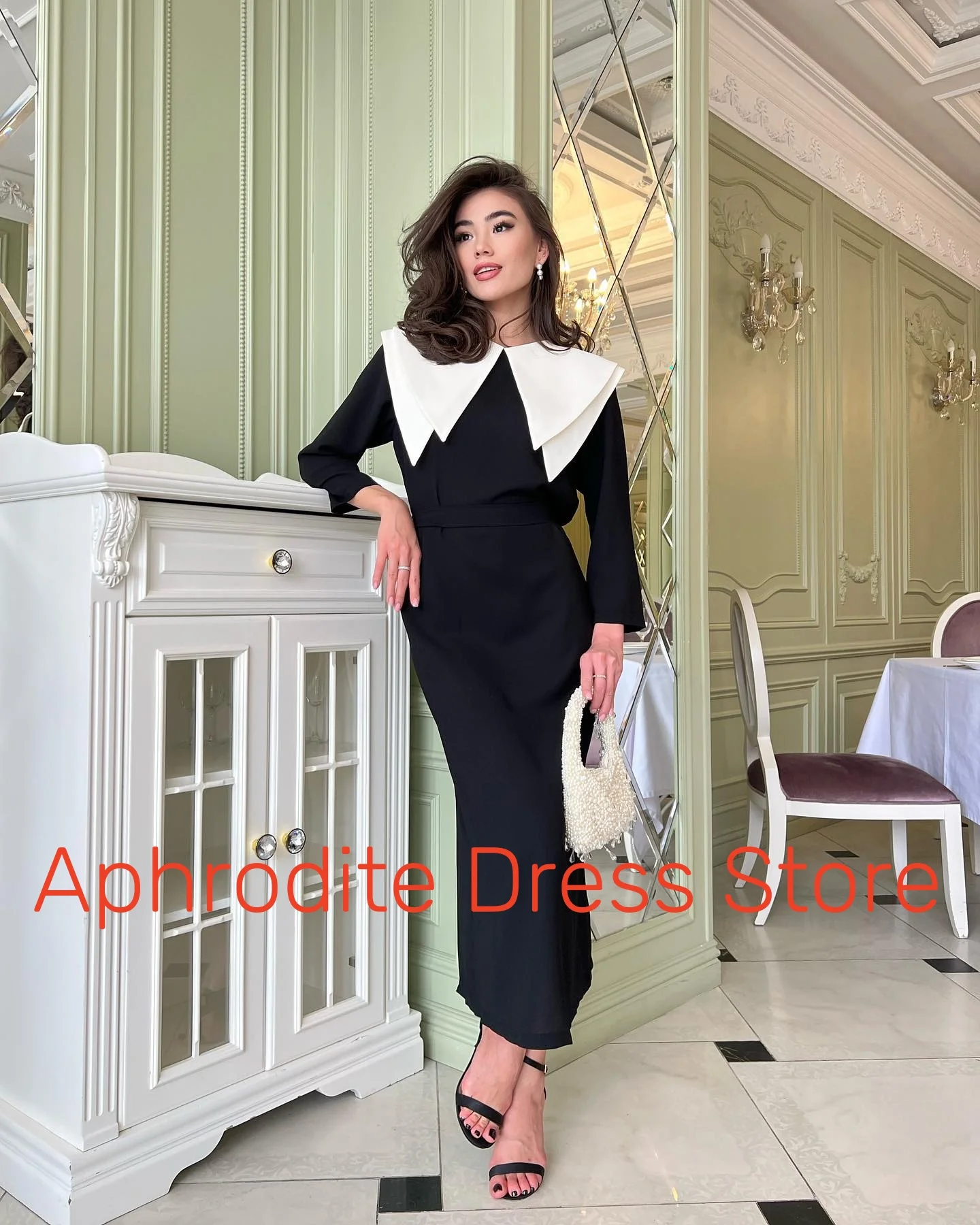 Aangepaste delicate jersey gelaagde avondjurken temperament lange mouwen ronde hals galajurk aangepast formaat beroemdheid