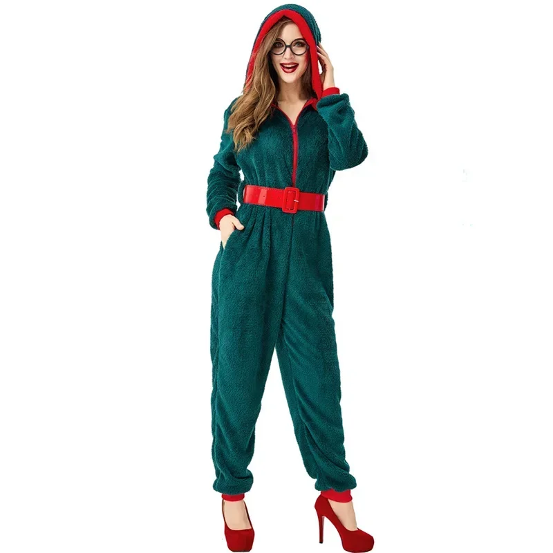 Christmas Pajamas Onesize Jumpsuit Hooded Women's Santa Coral Fleece Pyjamas Green Red Elf Costume Bodysuit