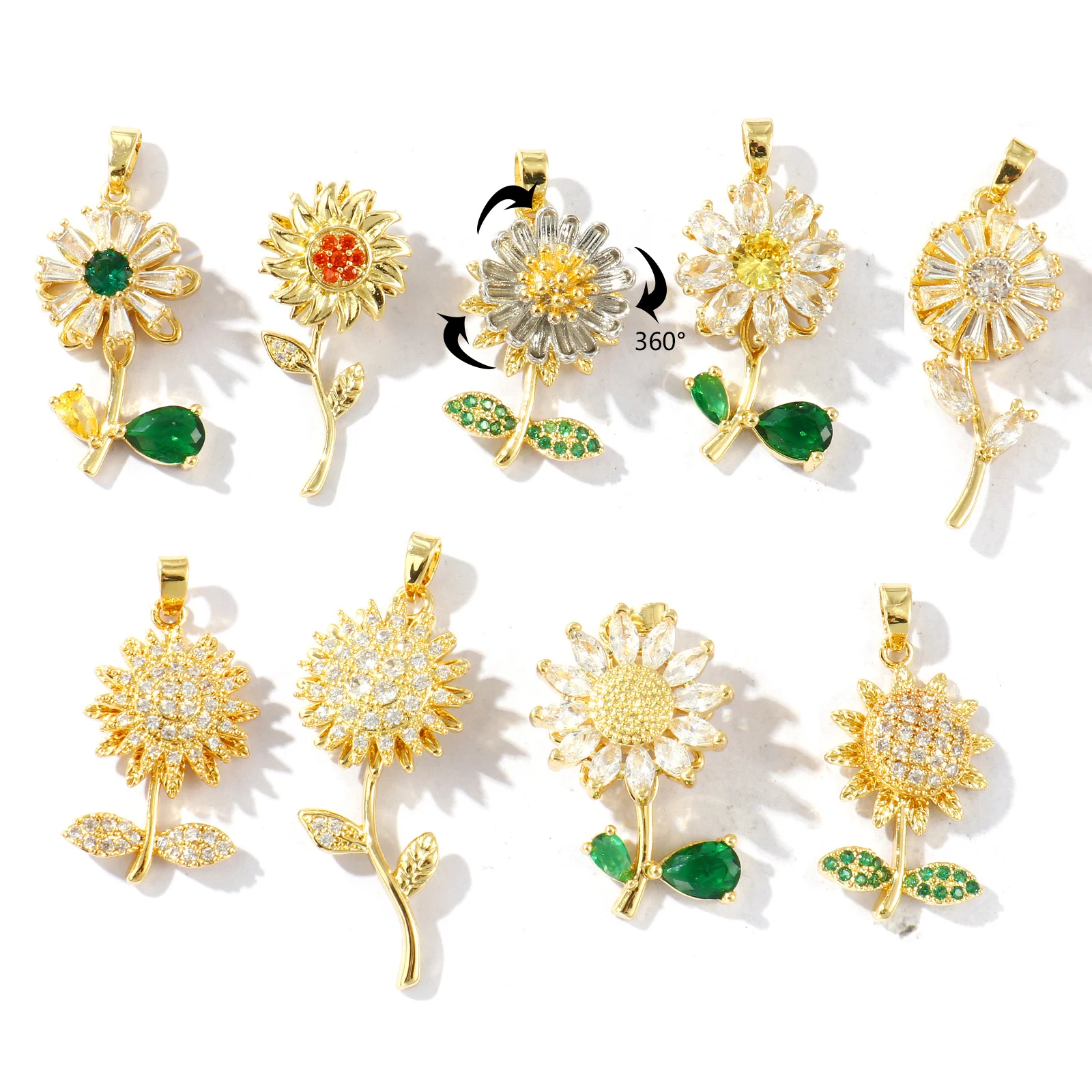 1pc New 2026 Brass Charms Gold Color Flower Rotatable Multicolor Rhinestone Pendnat DIY Necklace For Women Jewelry Findings Gift