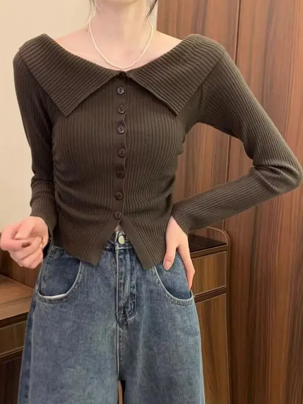 

Сексуальный вязаный свитер с закругленными плечами, женский ранний осенний модный расширенный облегающий свитер с перекрестными плечами, топ Pure Desire