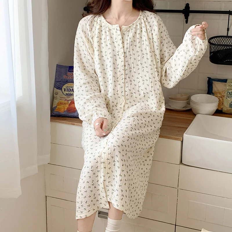 100% Cotton Double Gauze Nursing Night Dress for Maternity Long Sleeve Floral Print Robe Sleepwear Pregnancy Home Hospital Wear