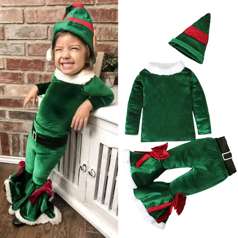 

Toddler Baby Girl Christmas Outfits Velvet Fall Santa Claus Cosplay Pullover+Flare Pants+Hat 3Piece Xmas Costumes