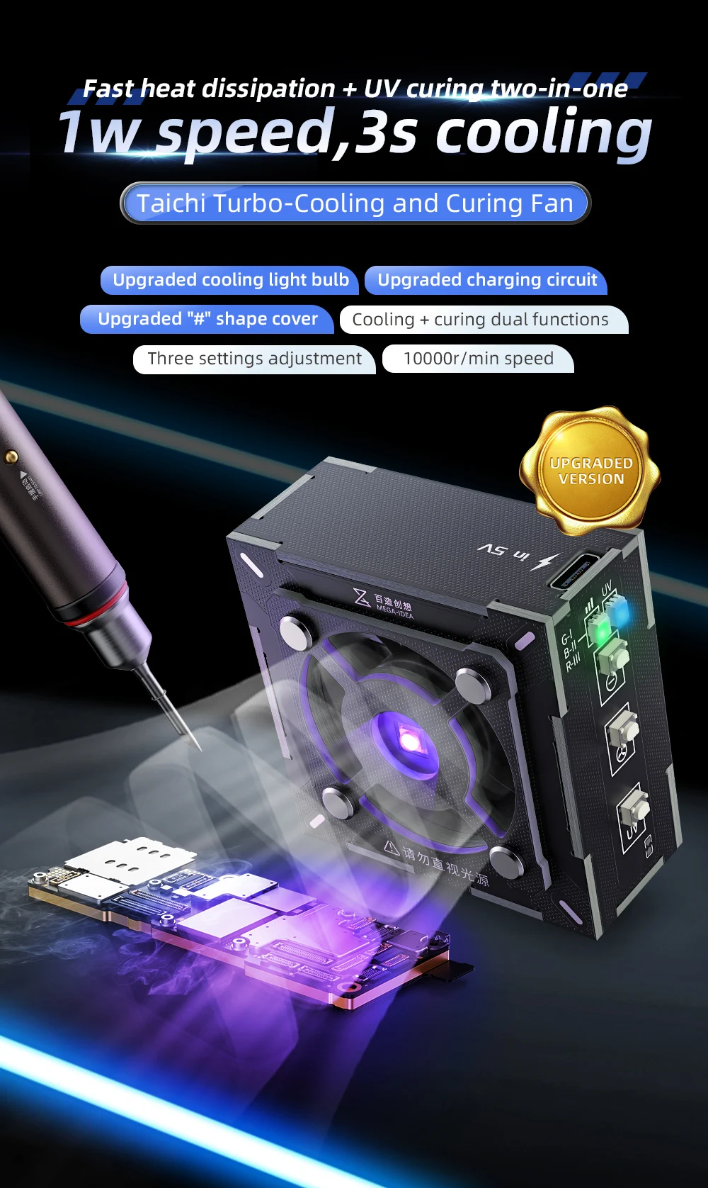 Qianli MEGA-IDEA 3W Turbo Cooling Curing Fan Motherboard Chip Repair Fast Heat Dissipation UV Curing Smoke Exhaust Cooler Fan — zdjęcie 3