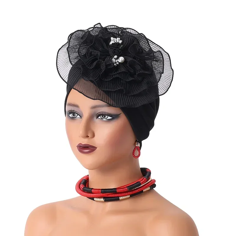 

Lastest Flower Turban Bonnet for Women Muslim Hijab Headscarf Chemo Caps Wedding Party Headwear Turbante Mujer African Headtie