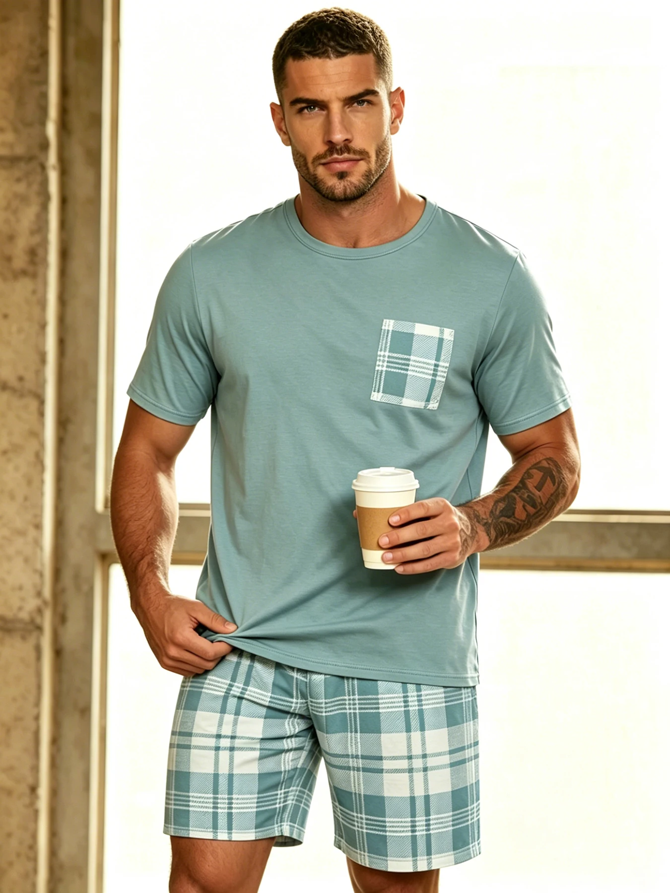Kariertes Herren-Pyjama-Set, Rundhalsausschnitt, kurzärmliges Oberteil und elastische Shorts, hautfreundlicher Stoff, bequeme, entspannte Passform, Loungewear-Pjs – Detail 18