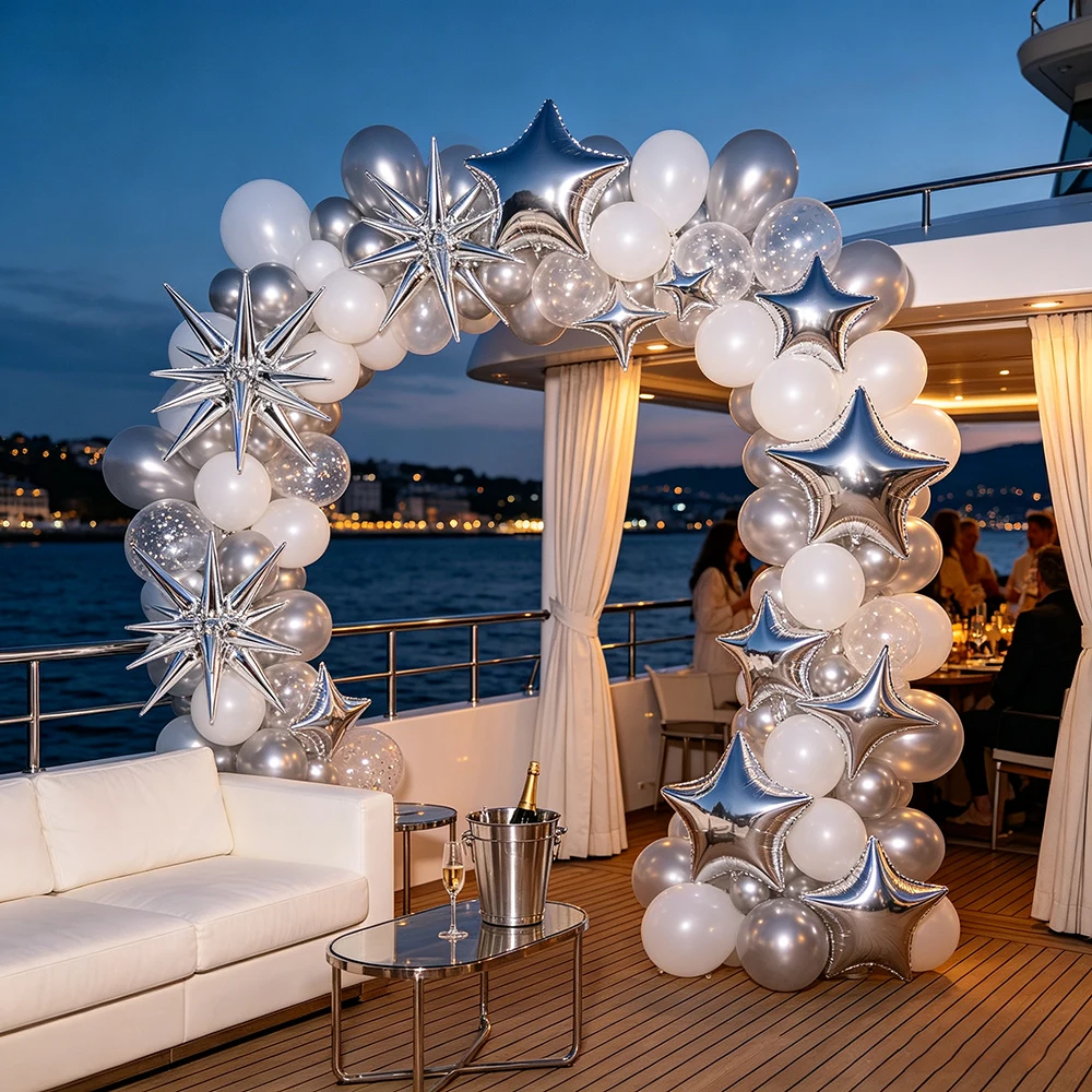22Pcs Silver Set Exploding Star Five-pointed Star Mylar Balloons Birthday Party Wedding Winter Atmosphere Decorative Balloons