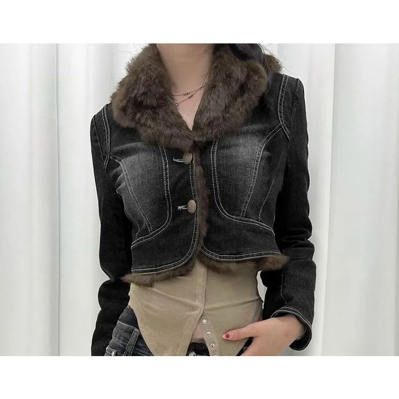 

Autumn and winter retro plush splicing lapel washed denim jacket women's slim fit hot girl short top for street wear
