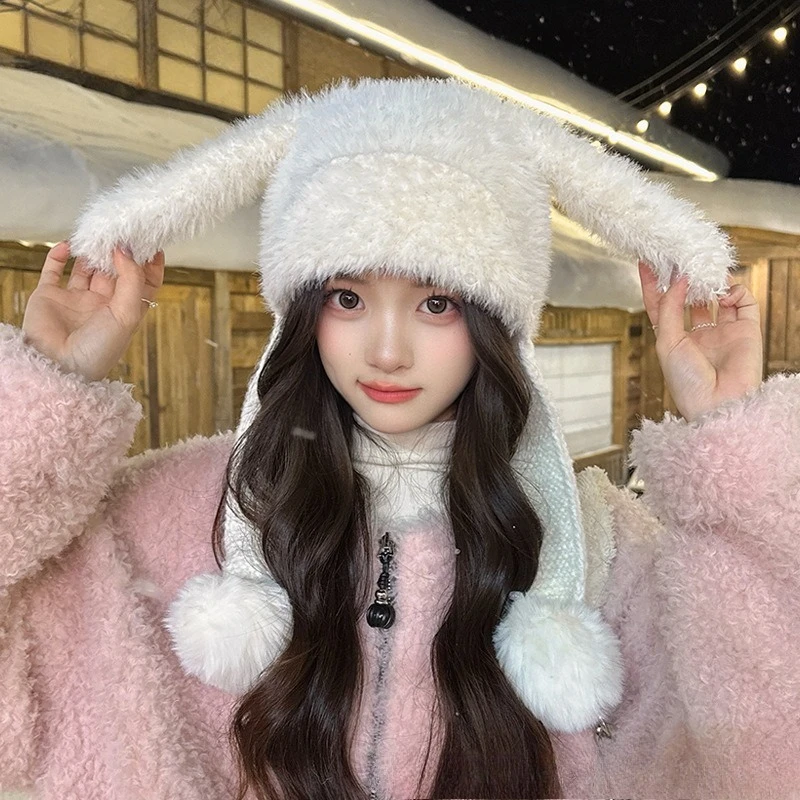 لطيف أفخم أرنب الأذن قبعة المرأة الشتاء في الهواء الطلق غطاء للأذنين الدافئة رئيس قبعة جو الشعور الوجه قبعة صغيرة محبوكة