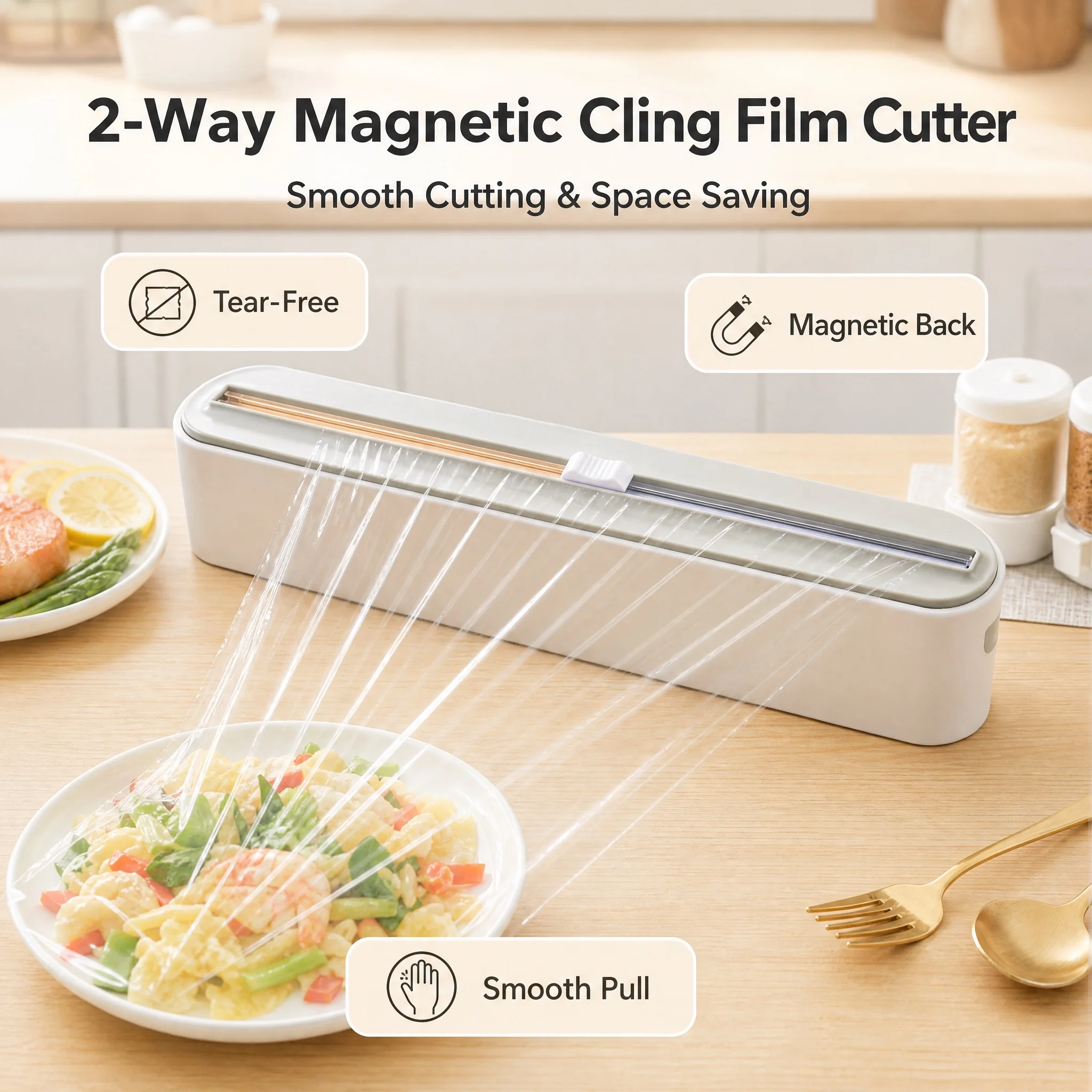 Magnetic Plastic Wrap Dispenser with Cutter, Wall Mounted Kitchen Organizer for Aluminum Foil & Cling Film Storage