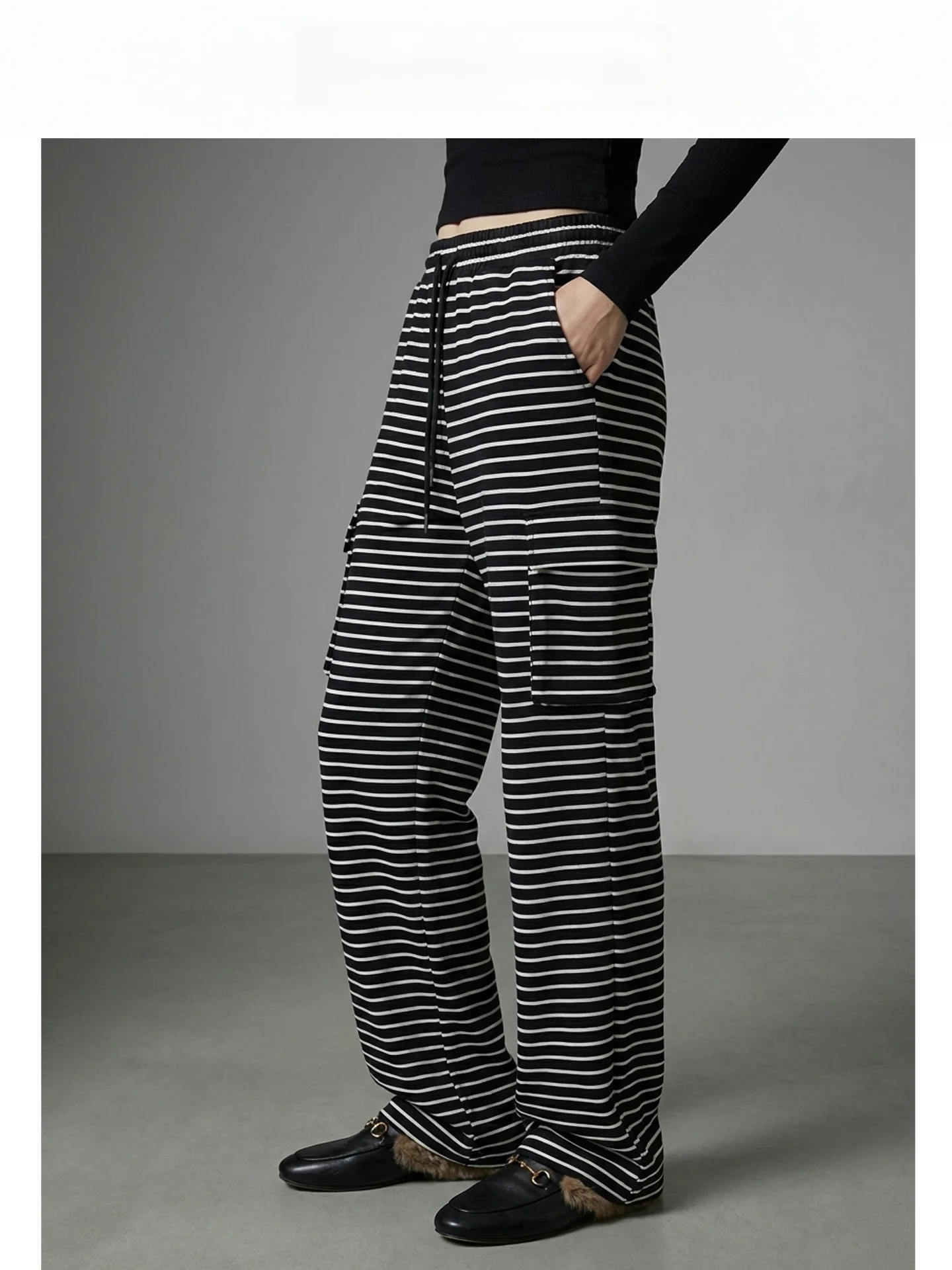 

American Sle Nautical Striped Loose Wide Leg Workwear Pants Women's Casual Trousers Elastic Waist Straight Cut Jeans