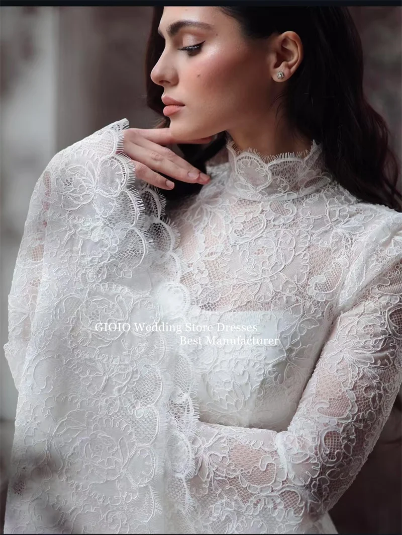 فستان زفاف GIOIO أنيق برقبة عالية وأكمام طويلة وأكمام طويلة مزين بحورية البحر من الدانتيل مع ذيل زفاف الكنيسة حسب الطلب