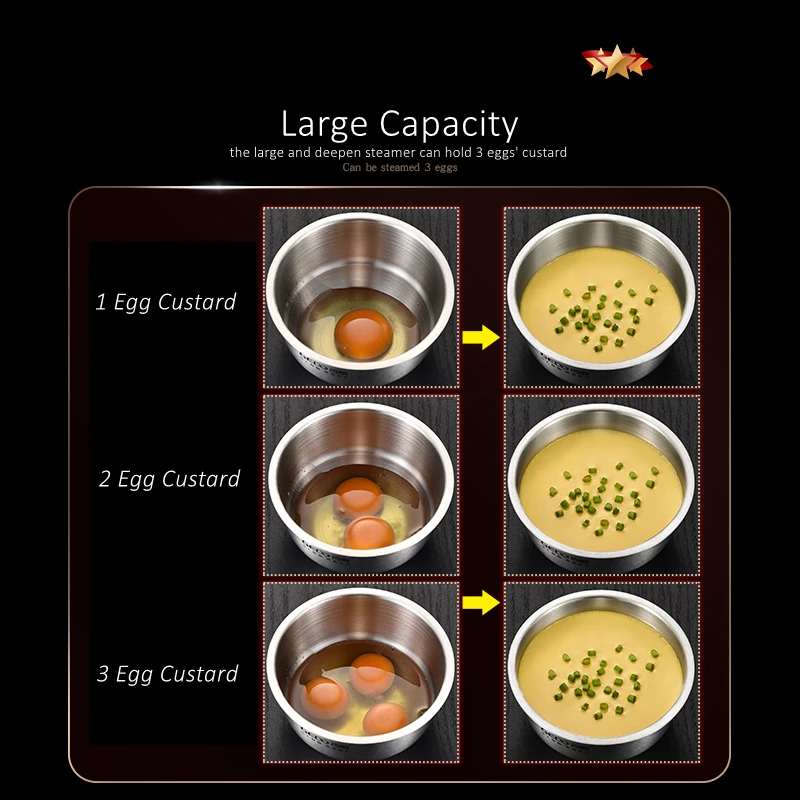 LFGB Certificated Pure 304 Stainless Steel Egg Custard Steamer Ultra Thick 460ml Rice Steaming Bowl with Lid for Family Kitchen