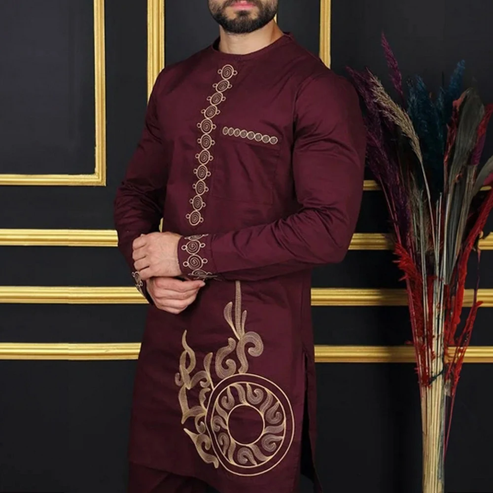 Kaftan rosa Hochzeit Männer Anzug Taschen Tops Hosen afrikanische ethnische traditionelle Kleidung Outfits Kaunda Anzüge modische 2 Stück Set