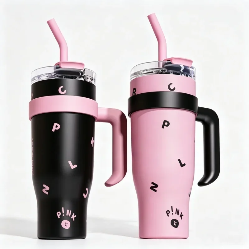 40oz Large Capacity 304 Stainless Steel Car Tumbler With Handle Straw Lid Letter Print Insulated Hot Cold Travel Coffee Mug