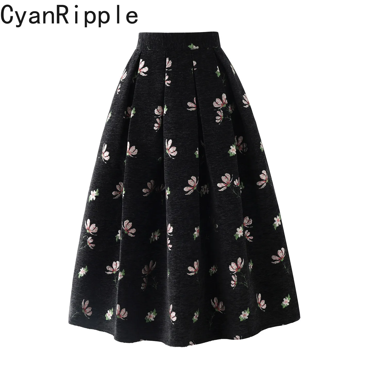 High Quality Autumn Winter Chenille Embroidery Mid-long Puffy Skirt Elegant Vintage Elastic Waist Casual A-line Umbrella Skirts