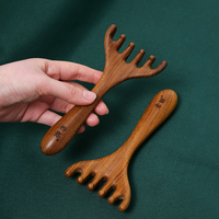 Natural Golden Sandalwood Five-Claw Scalp Massager Gua Sha Tool Back Scratcher Spa Handheld Meridian Massage Comb Hair Care