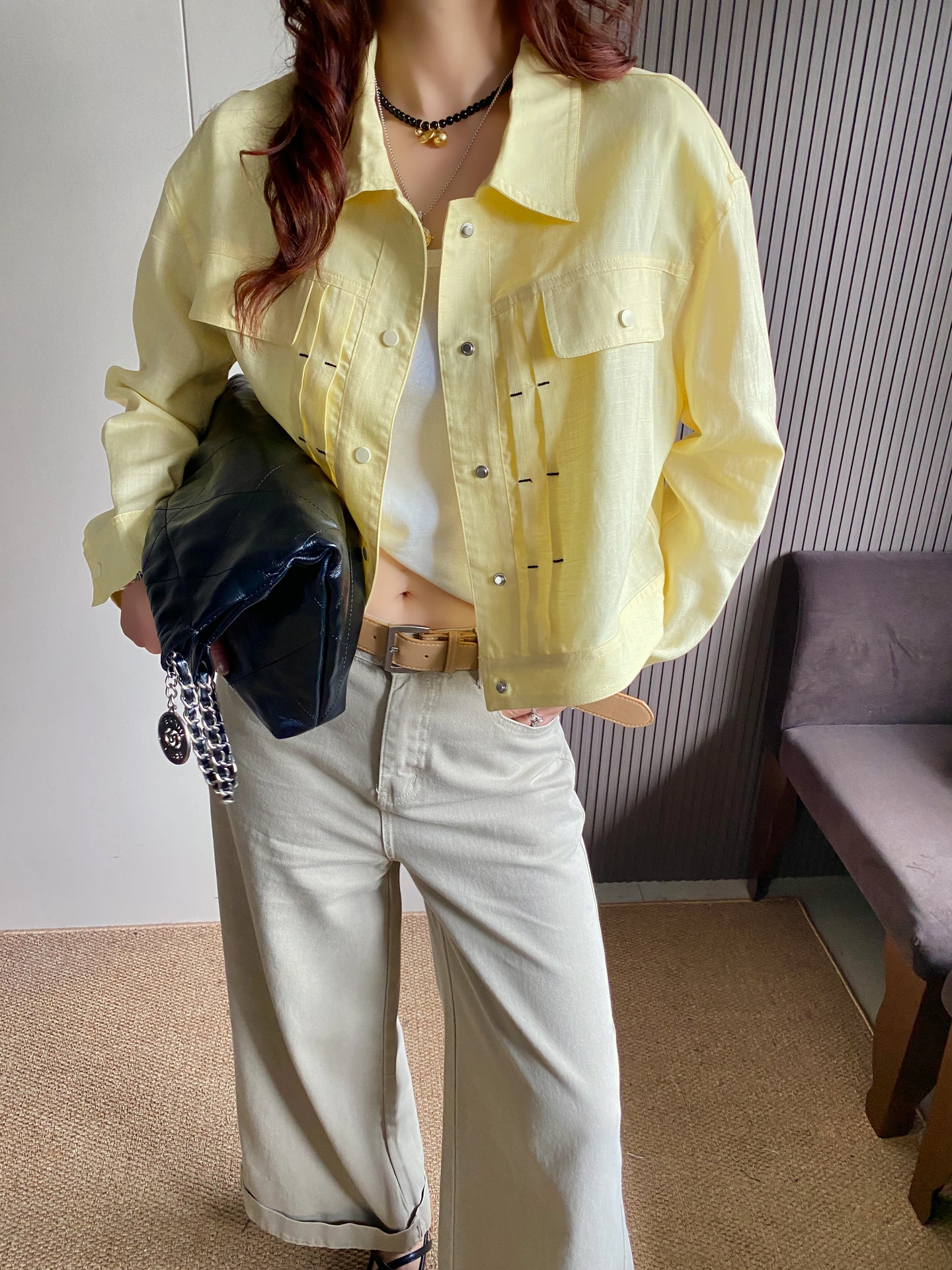 

Casual Loose Silk Linen Short Jacket Women's Spring New Design Loose Casual Turn-down Collar Coat Pear Shape Body Type