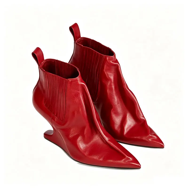 New Women's Soft PU Leather Pointed Toe Ankle Boots Unique Curved Wedge Heel Chelsea Booties Ruched Upper Pull Tab Dress Shoes