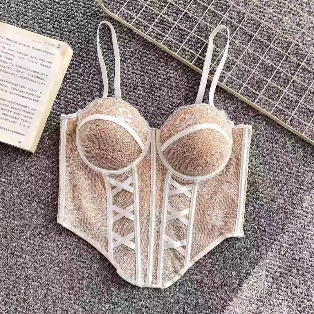 

Mesh Flower Lace Corset Bottoming Shirt Fishbone Girl's Suspender Vest Sleeveless Spicy Girls Style Slim Lace Crop Top