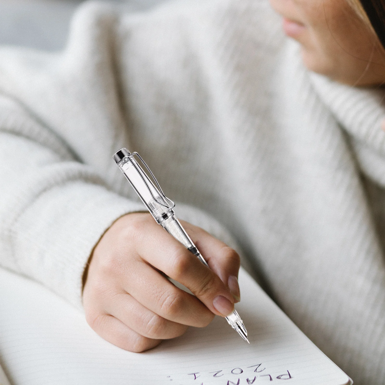 

2Pcs Ergonomic Fountain Pen Set Transparent Resin Body Metal Trim Smooth Flow Curved Tip Pen for Writing Calligraphy Practice