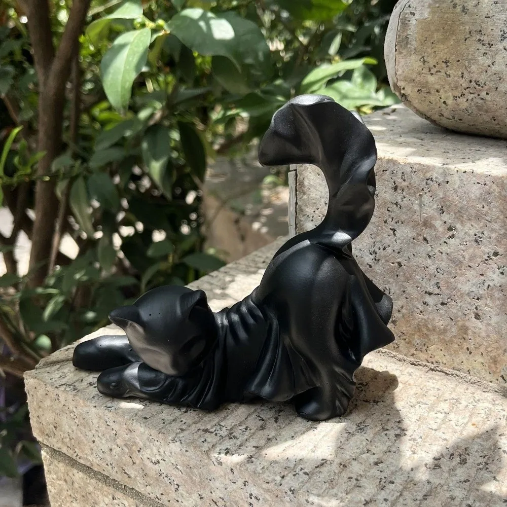 Cute Halloween Black Cat Statue Glow in The Dark White Stretching Cat Figurine Handmade Unique Halloween Cloak Ghost Cat Lovers