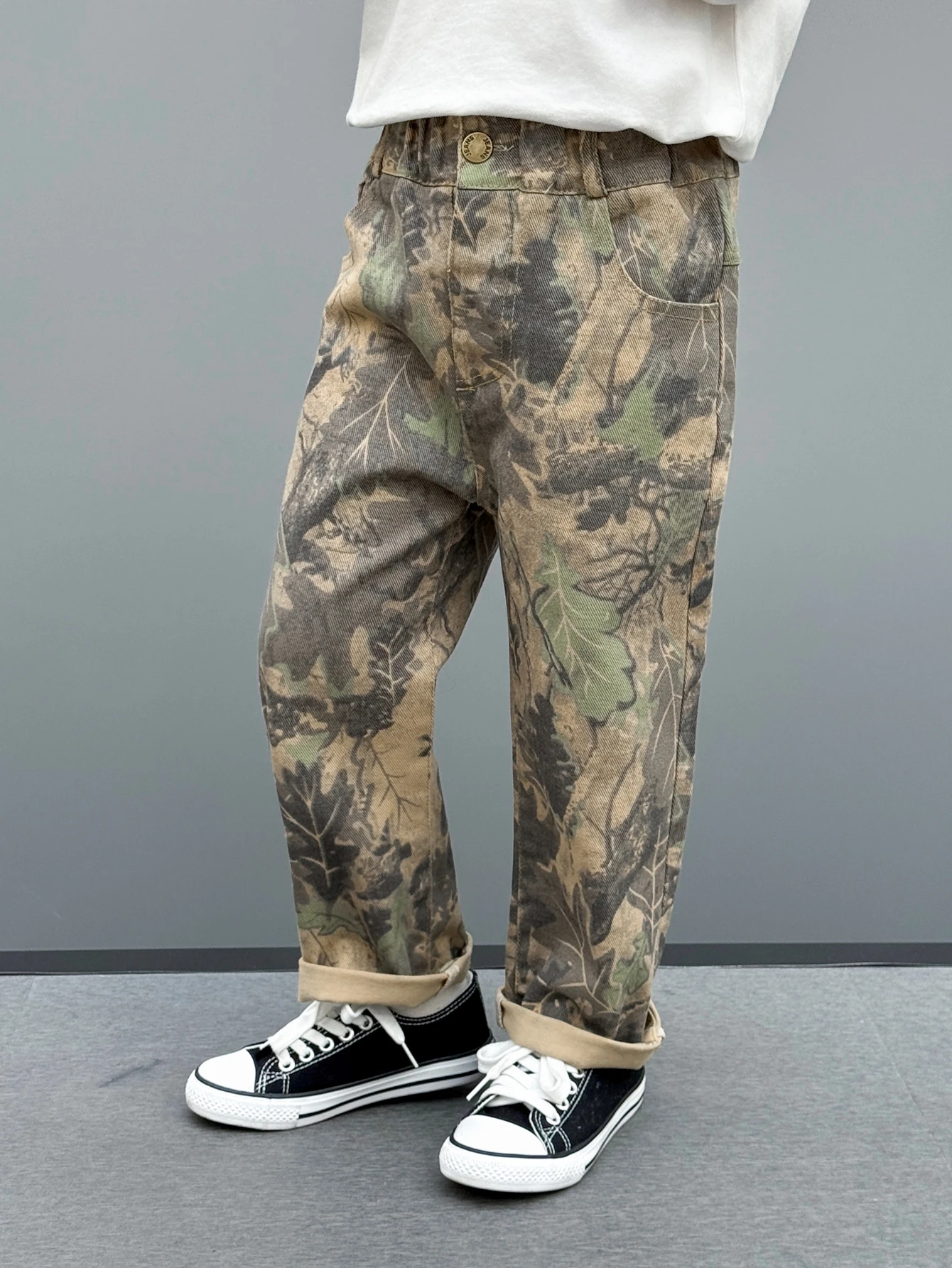 Toddler Boy Tree Camo Denim Pants, Elastic Waist Rolled Cuff Casual Jeans, Outdoor Kids Trousers For Spring Fall