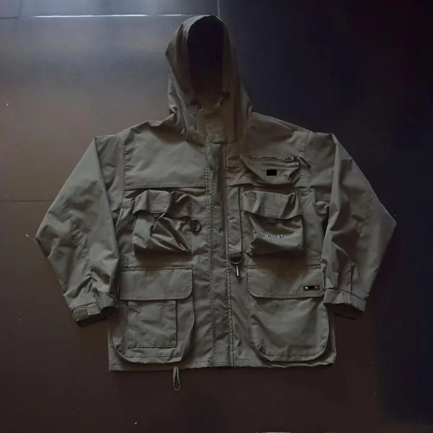 

Vintage American Sle Outdoor Jaet with Multiple kets Loose Fit Long Sve Hooded Coat for Men Spring Summer Autumn