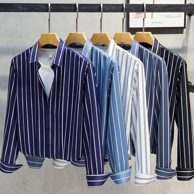 

Korean Fashion Handsome Men Casual Shirts Slim Fit Button Down Long Sleeve Striped Social Blouse