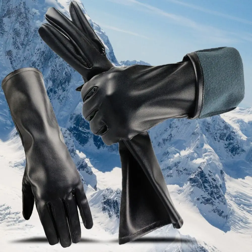 Personality Waterproof Winter Gloves Antiskid Plus Velvet Five-Finger Gloves Windproof Straight Style PU Leather Gloves Driving