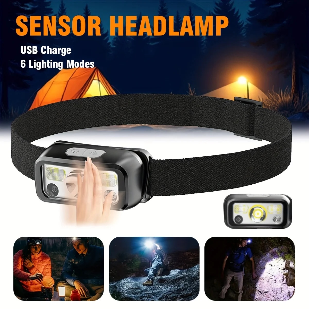 Powerful COB LED Sensor Headlamp USB Rechargeable Headlight with Built-in Battery 6 Modes Waterproof Outdoor Fishing Head Lamp