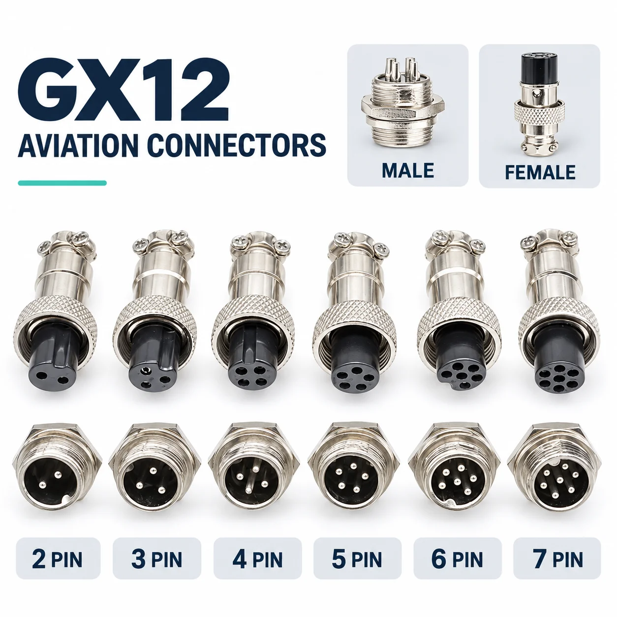 5PCS GX12 12mm Circular Metal Connector 2 3 4 5 6 7 Pin Male Female Plug Panel Mount Socket Nut Lock Wire Adapter Cable Coupler