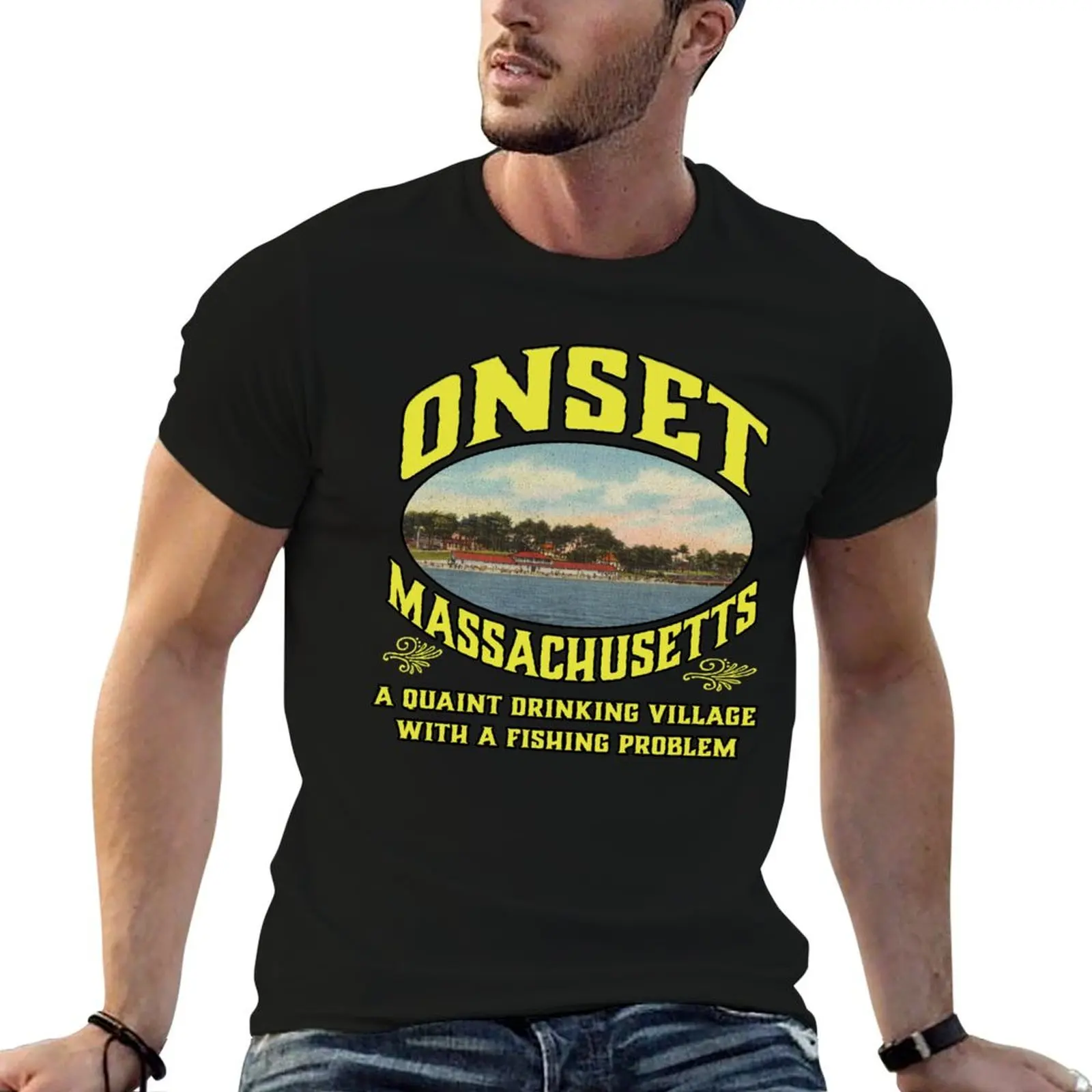 Onset, MA A Quaint Drinking Village with a Fishing Problem T-Shirt blue archive Aesthetic clothing anime shirts men