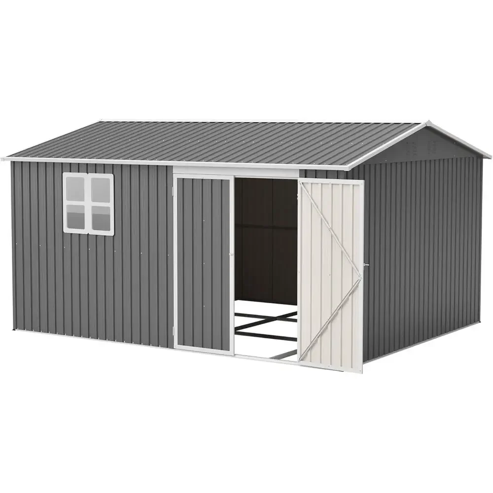 Large Grey Outdoor Storage Shed with Floor, Windows, and Lockable Door for Garden and Patio