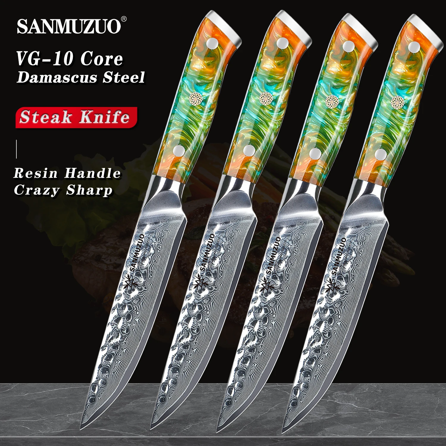 

SANMUZUO 4PCS Steak Knives Set , Ultra Sharp Kitchen Steak Knife 5 Inch - Damascus Steel & Resin Handle - Yao Series