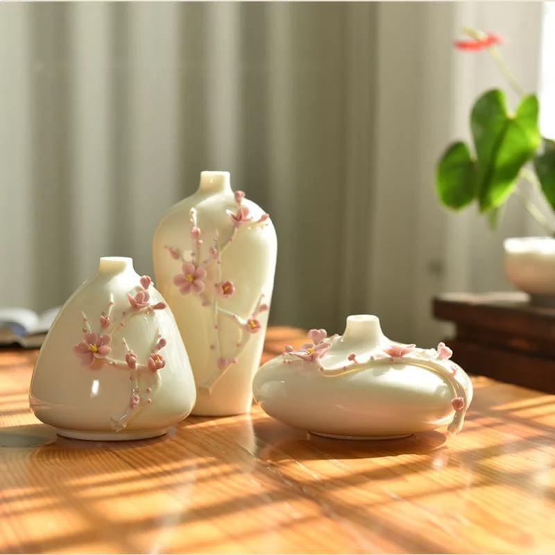 

Chinese Simple Flower Vases Exquisitely Carved Plum Vases Ceramic 3D Desk Ornaments Living Room Wine Cabinet Home Decoration