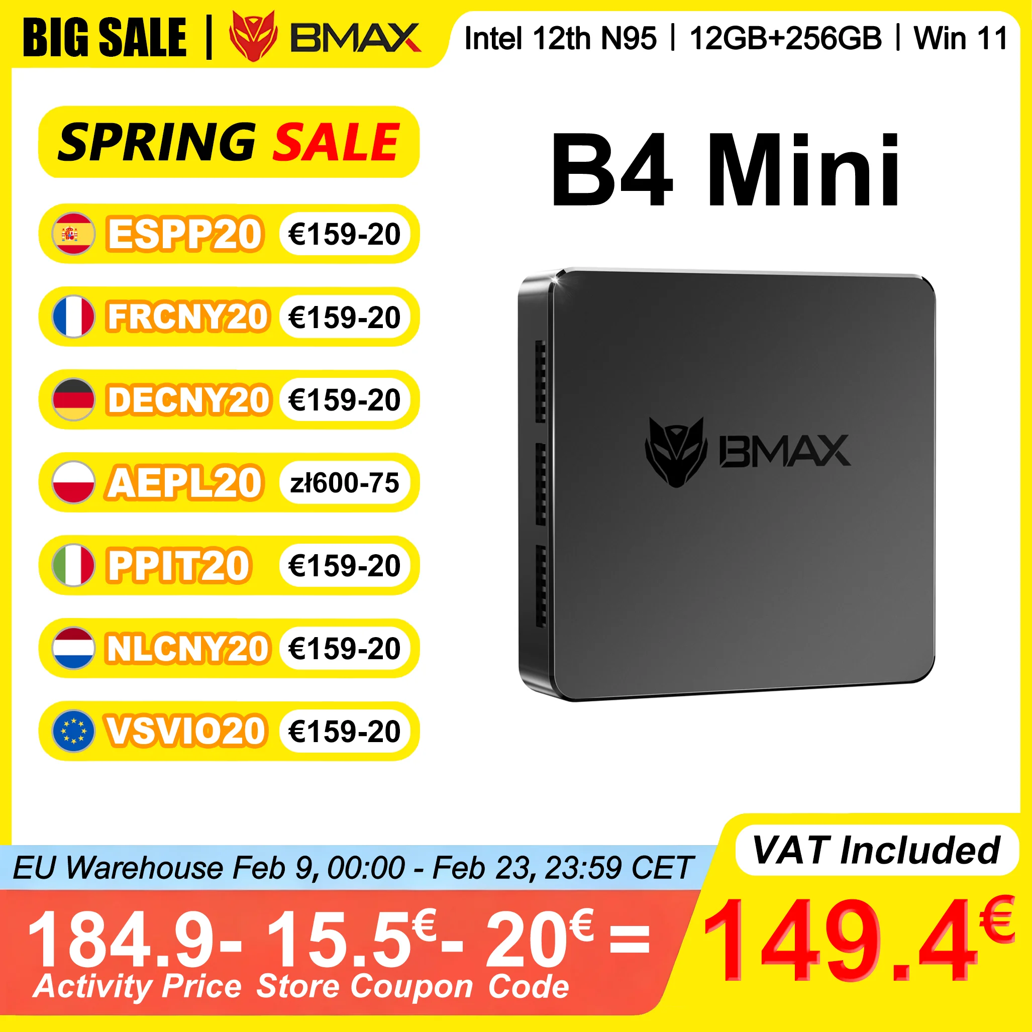 BMAX Mini PC B4 Mini 12GB LPDDR5 RAM 256GB SSD Procesor Intel N95 Windows 11 Grafika Intel UHD Obsługa 4K@60Hz Dual Band Wi-Fi