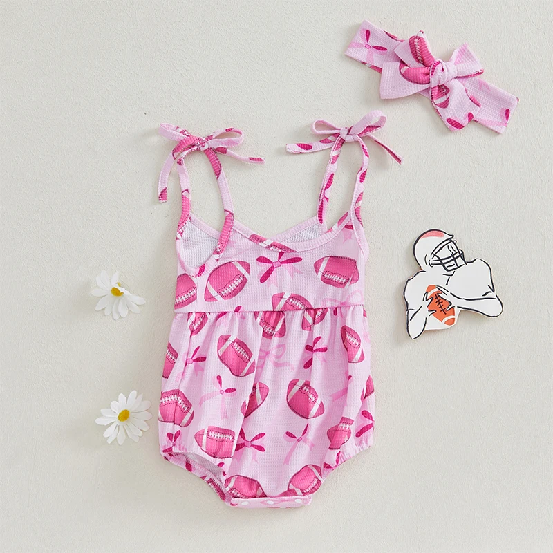 Baby Girl Football Outfit Bow Rugby Print Round Neck Tie Shoulder Romper Bow Headband 2 Piece Set