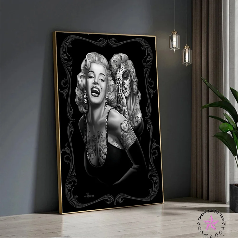 Graffiti Art Skull Knight Poster Sexy Nude Tattoos Girls Wall Art Canvas Painting Print Black White Punk Picture Room Home Decor
