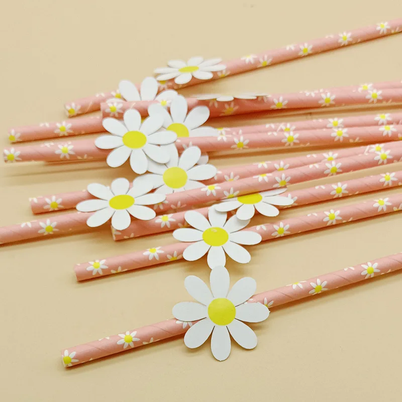 20pcs/pack Small Daisy Paper Straws Boho Floral Pink Straws Disposable Girls Birthday Supplies Little Baby Shower Wedding Decor