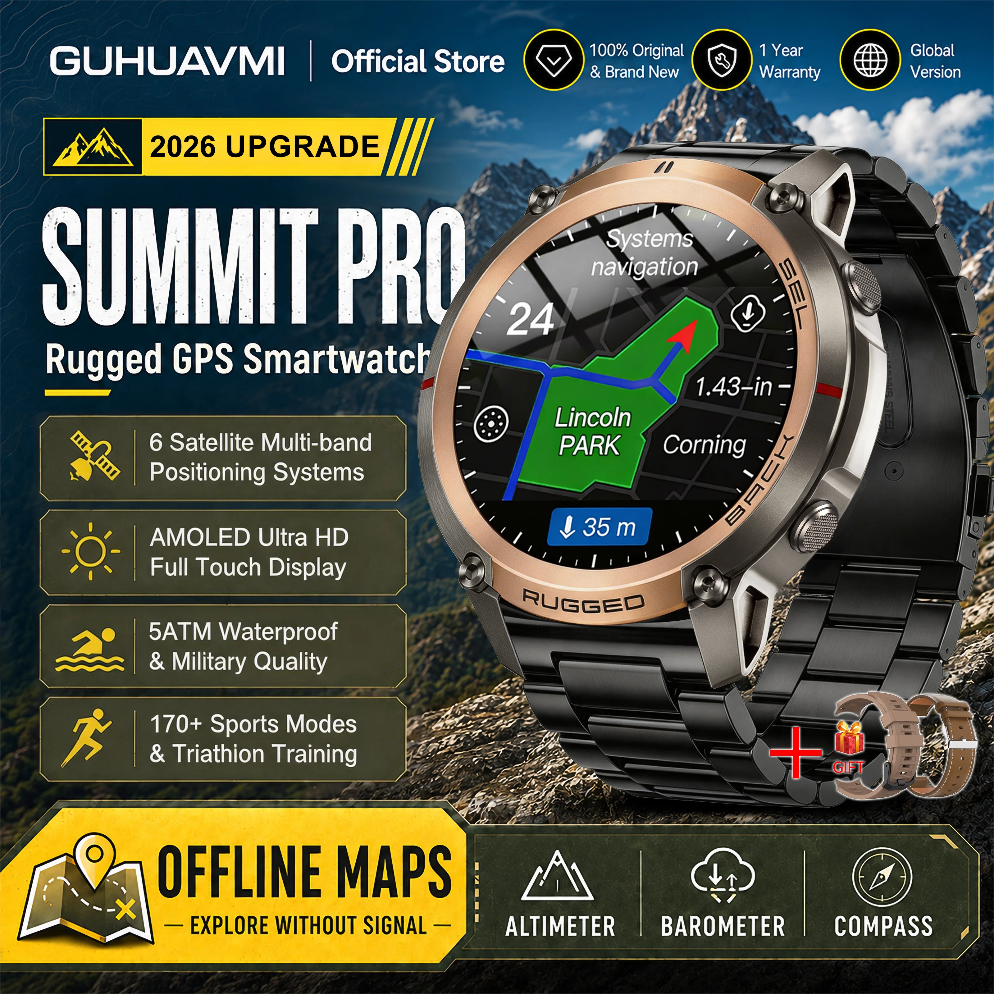 2026 Militärische Satelliten-Offline-Karten-GPS-Smartwatch für Herren 1,43'' AMOLED Bluetooth-Anruf Kompass 5ATM Wasserdicht 170+ Sportarten Smartwatch