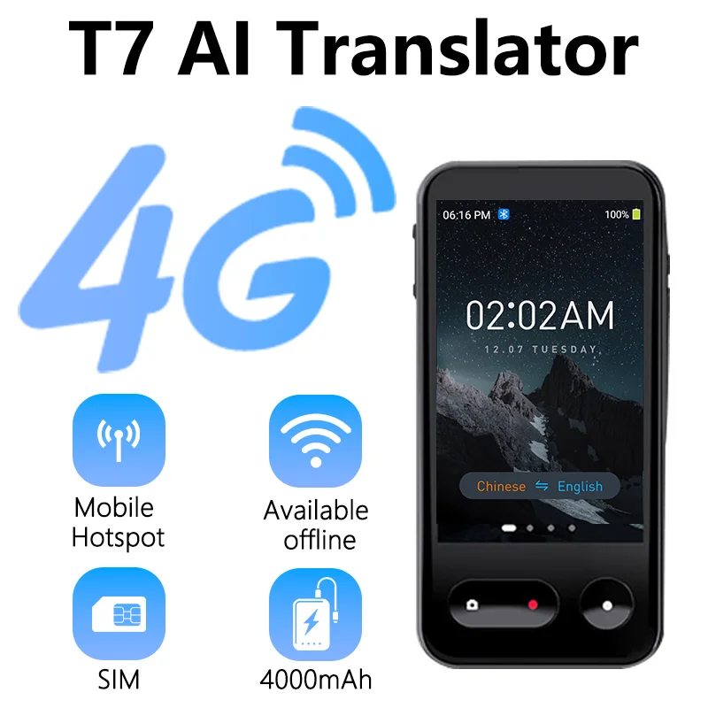 

T7 AI Translator 5MP 138 Languages Voice Photo Translation Available offline Multifunction Support Wifi/4G Card