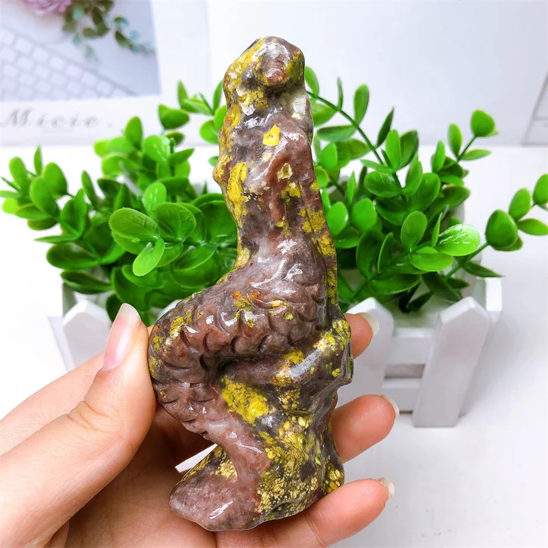 Natural Peach Blossom Tourmaline Mermaid Statue Healing Crystal Carving Feng Shui Aesthetic Fengshui Home Decoration Reiki Gift