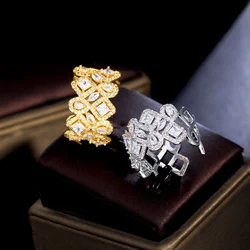 ThreeGraces Sparkling Cubic Zirconia Gold Color Geometric Bridal Wedding Engagement Open Ring for Women Chic Party Jewelry R182