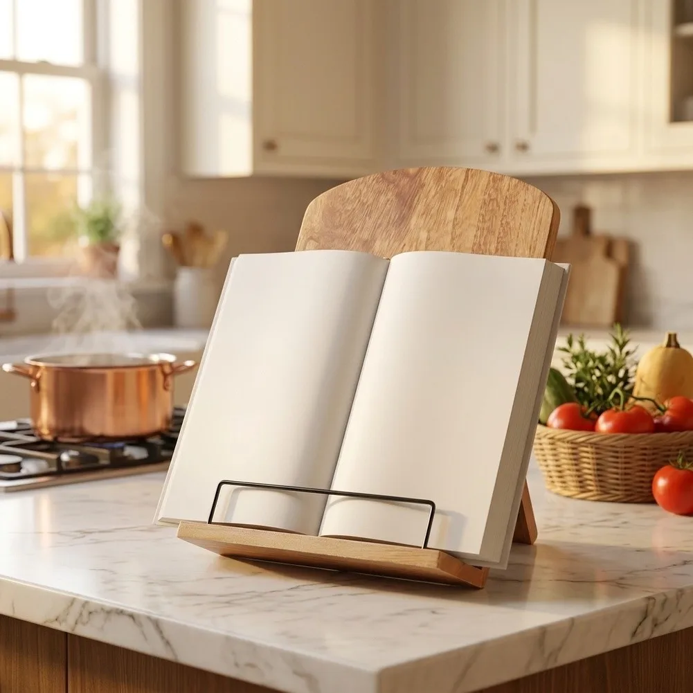Adjustable Wooden Cookbook Stand For Kitchen Counter Decor, Sturdy Recipe Book Holder For Tablets Smartphones Home Organization