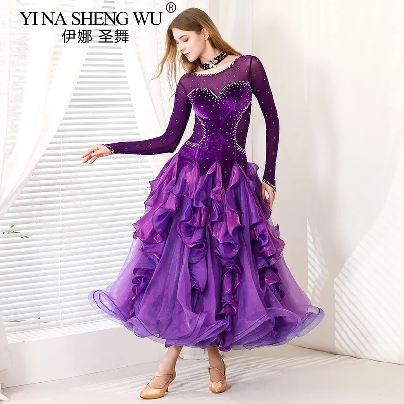 Modernes Damen-Ballsaal-Tanzkleid mit langen Ärmeln, lila Samt, Walzer, Flamenco-Performance-Kostüm für Wettbewerbskostüm