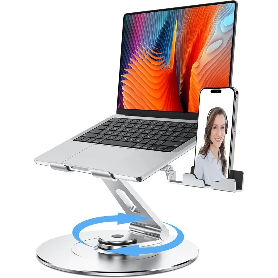 Laptop Stand with Phone Holder Adjustable Laptop Stand with 360 Rotating Base Aluminum Computer Mount Holder Ergonomics Laptop