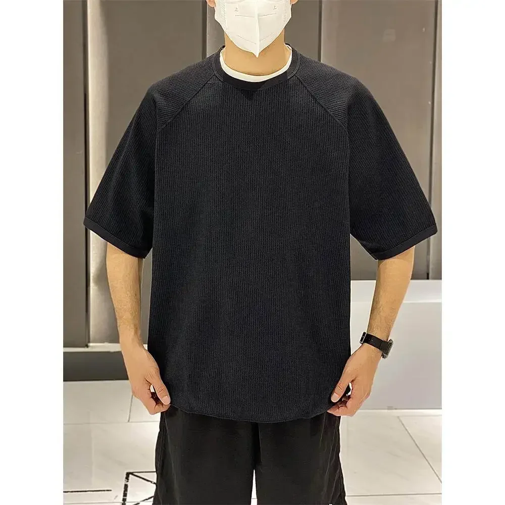 Japanese lightweight function quick-drying and breathable waffle shoulder-plugged loose profile short-sleeved T-shirt