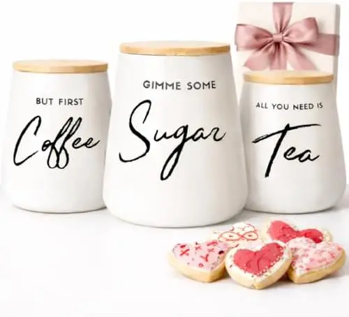 

Набор из 3 керамических банок FIFTH FORK с бамбуковыми крышками – герметичное хранение кофе, чая, сахара для столешницы